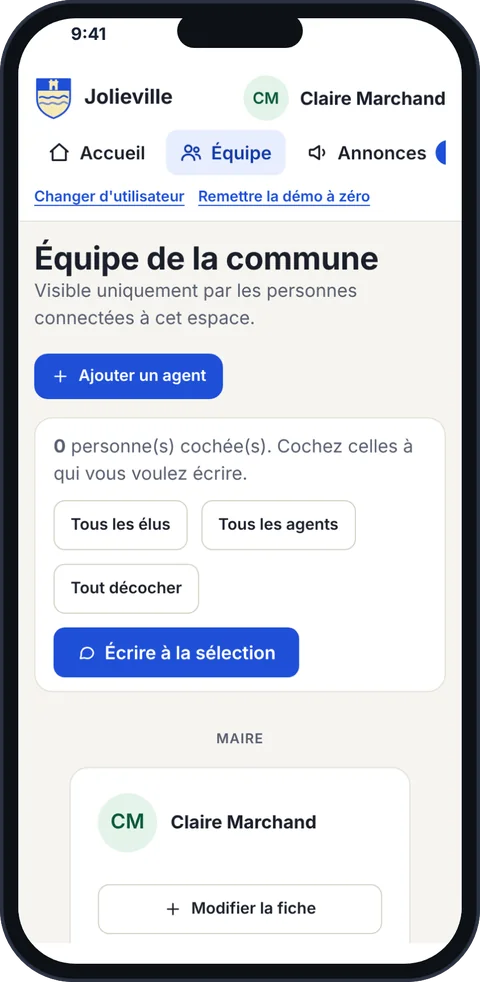 Organigramme de la commune sur téléphone.